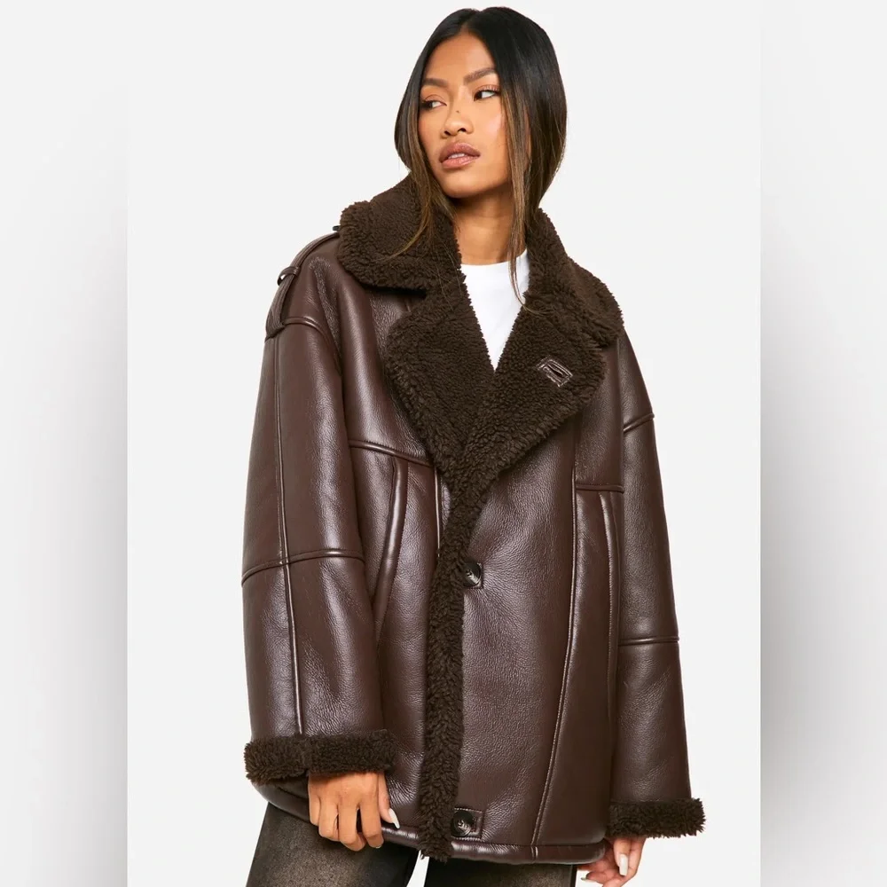 Boohoo Dark Brown Faux Leather Shearling-Trim Jacket - Picture 1 of 11